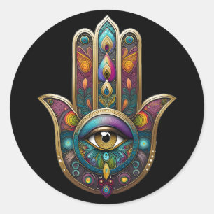 Adesivo Cores de Pavão Hamsa com Terceiro Olho Dourado