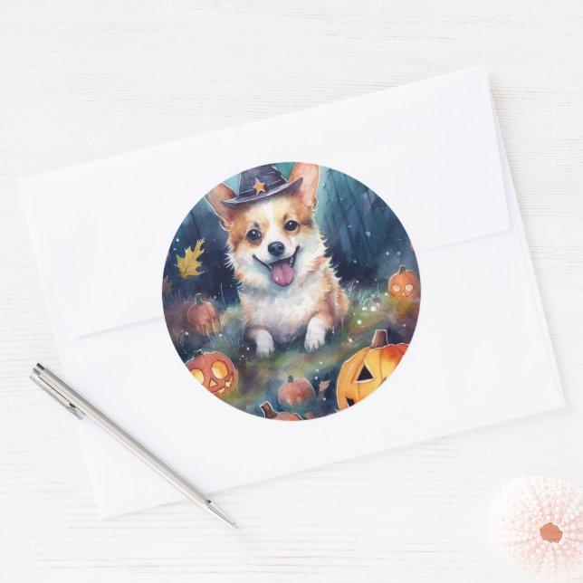 Adesivo Corgi de Halloween com Abóboras Assustadoras (Envelope)