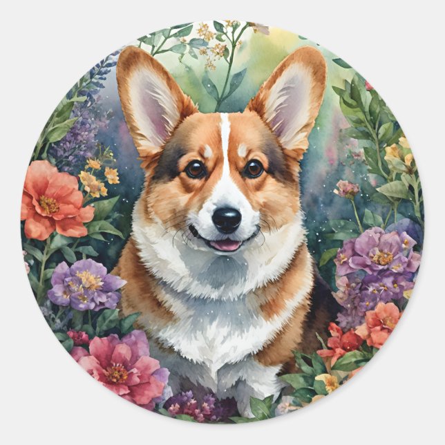 Adesivo Corgi Floral Watercolor Art (Frente)
