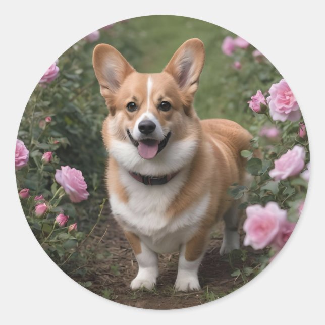 Adesivo Corgi Nas Rosas Rosa, (Frente)