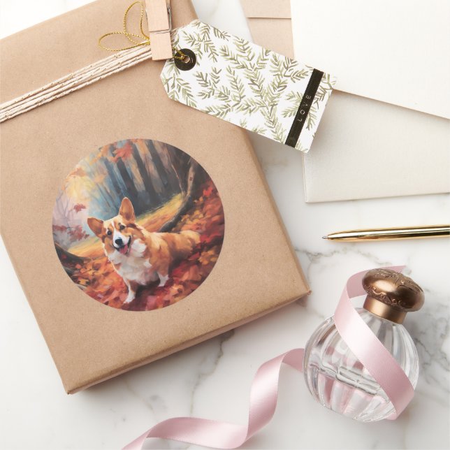 Adesivo Corgi no outono Folhas caem inspiração (Presentear)