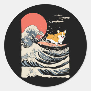 Adesivo Corgi Surfando Onda Japonesa _3