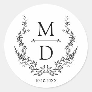 Adesivo coroa botânica iniciais monograma casamento elegan