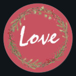 Adesivo Coroa de Bagas de Verdura de Inverno Amor de Natal<br><div class="desc">Selo de envelope festivo elegante e moderno ou adesivo de presente para o Natal com o texto 'Amor' em caligrafia branca chic em um fundo vermelho e um toque elegante de coroa de verduras e bagas de inverno. Exclusivamente projetado para você pelo Happy Dolphin Studio. Se precisar de ajuda ou...</div>