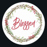 Adesivo Coroa de Bagas de Verdura de Inverno Natal Abençoa<br><div class="desc">Selo de envelope festivo elegante e moderno ou adesivo de presente para o Natal com o texto 'Abençoado' em caligrafia vermelha chic e uma coroa de verdura de inverno e bagas elegante. Exclusivamente projetado para você pelo Happy Dolphin Studio. Se precisar de ajuda ou produtos correspondentes, entre em contato conosco...</div>