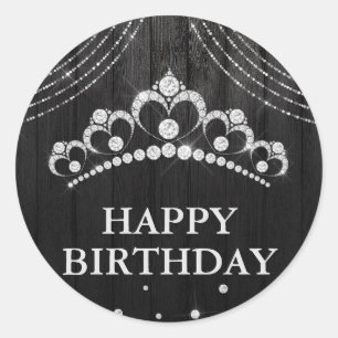 Adesivo Coroa de Diamante Preto Prateado Feliz Aniversário