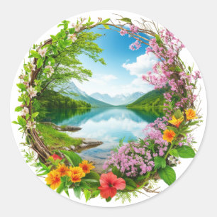 Adesivo Coroa de Flores da Primavera Enquadrando Montanha