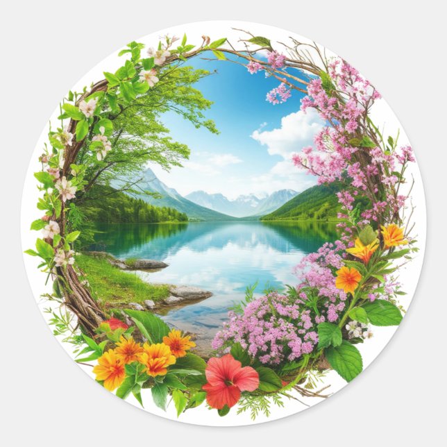 Adesivo Coroa de Flores da Primavera Enquadrando Montanha  (Frente)