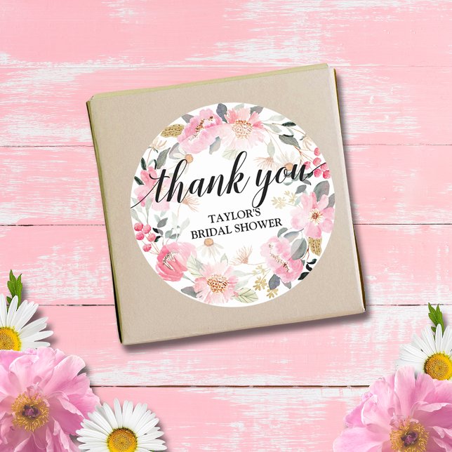 Adesivo Coroa de Flores Rosa Obrigada (Watercolor pink flowers bridal shower thank you round 3" stickers (small size available))