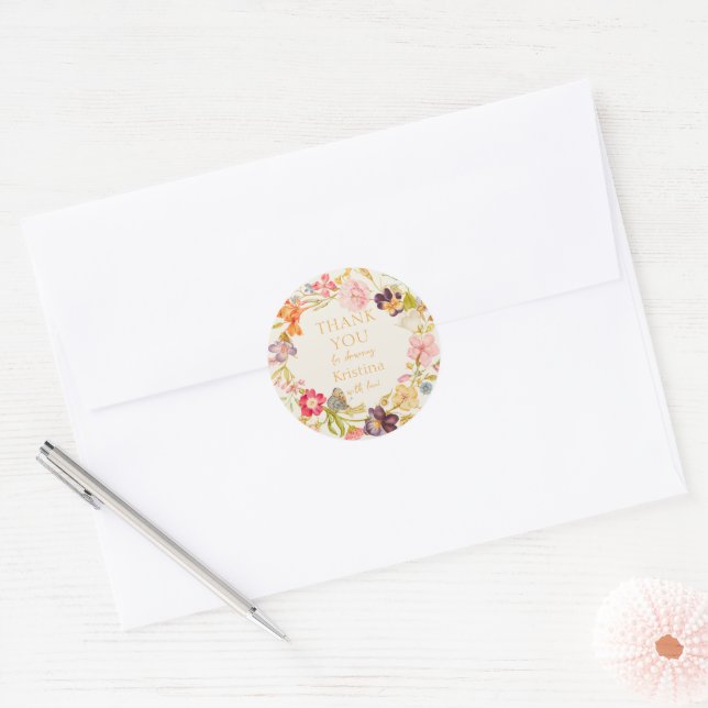 Adesivo Coroa de Flores Silvestres  Chá de Bebê Obrigada (Envelope)