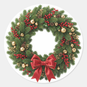 Adesivo Coroa de Natal Clássica com Fita Vermelha e Dourad