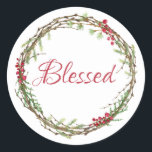 Adesivo Coroa de Natal com Folhagens e Frutas de Inverno A<br><div class="desc">Selo de envelope festivo elegante e moderno ou adesivo de presente para o Natal com o texto 'Abençoado' em caligrafia vermelha chic e uma coroa de folhagens e frutas de inverno elegante. Exclusivamente projetado para você pelo Happy Dolphin Studio. Se precisar de ajuda ou produtos correspondentes, entre em contato conosco...</div>