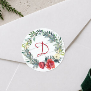 Adesivo Coroa de Natal com Monograma em Aquarela Rústica