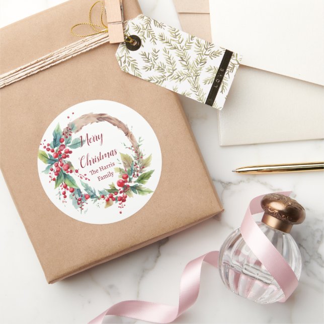 Adesivo Coroa de Natal personalizada com azevinho em aquar (Presentear)