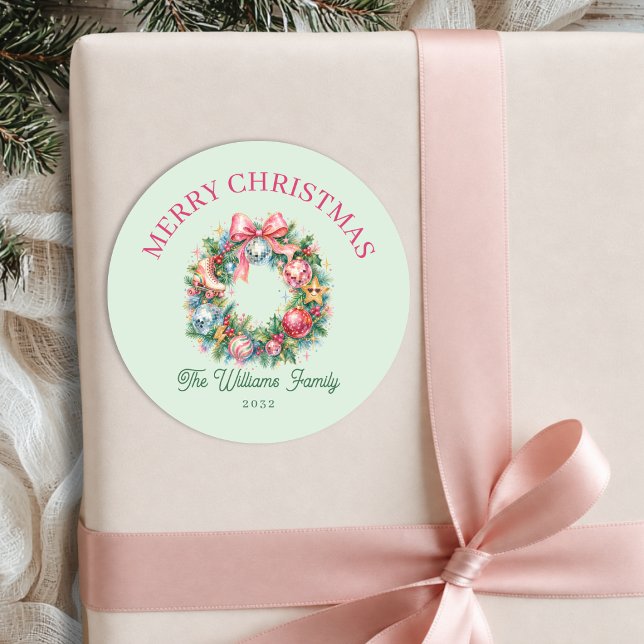 Adesivo Coroa de Natal Retro Disco  (Retro Disco Christmas Wreath Green Classic Round Sticker)