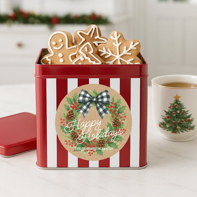 Adesivo Coroa de Natal Rústica com Laço Xadrez Branco e Pr (Criador carregado)