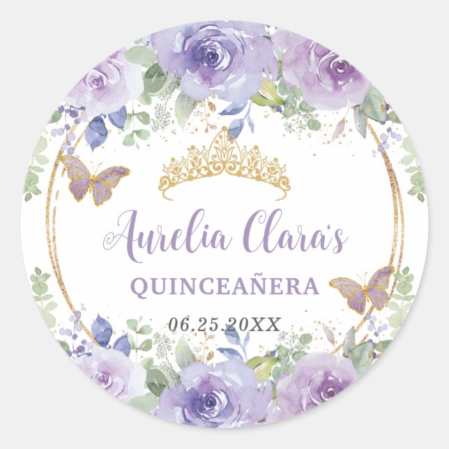 Adesivo Coroa de Quinceañera de Lilás Roxo com Borboletas (Frente)