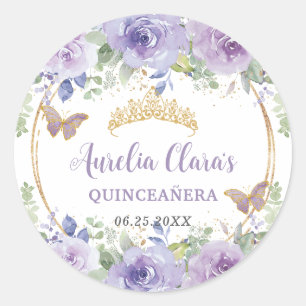 Adesivo Coroa de Quinze Anos Floral Lilás Roxo Borboletas