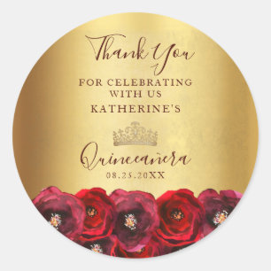 Adesivo Coroa Dourada Brilhante de Rosa Vermelha Floral Qu
