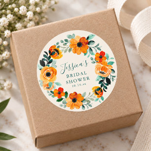 Adesivo Coroa Floral de Aquarela Laranja para Chá de Noiva