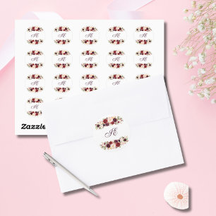 Adesivo Coroa Floral de Rosa de Blush Burgundy com Monogra