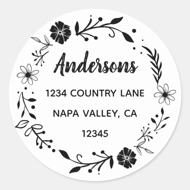 Adesivo Coroa Floral | Nome da Família Endereço de Retorno (Frente)