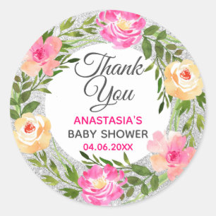 Adesivo Coroa Floral Prata e Rosa Obrigado Baby Shower