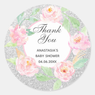 Adesivo Coroa Floral Prata e Rosa Obrigado Chá de Bebê