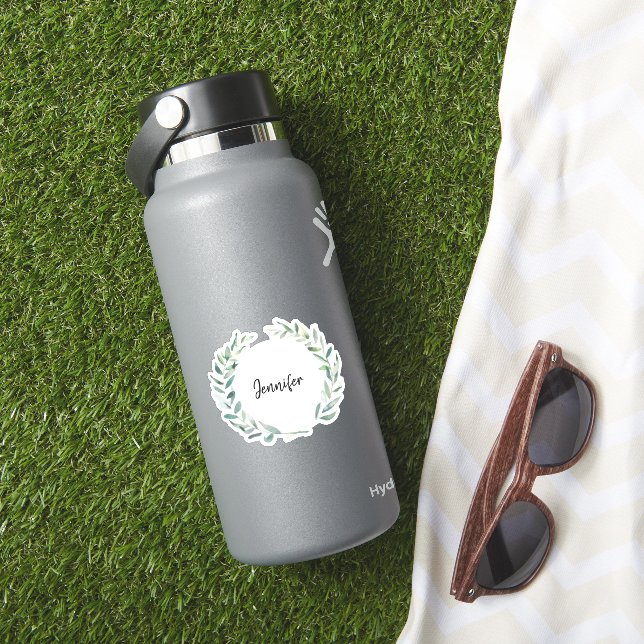 Adesivo cortado com monograma de nome e folhas em  (HydroFlask Insitu)