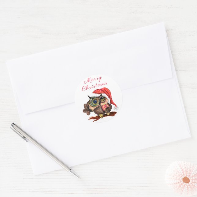 Adesivo Coruja Bonita com Vinheta de Natal para Presente (Envelope)