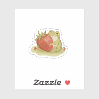 Adesivo Cottagecore Frog Hugging Strawberry Illustration