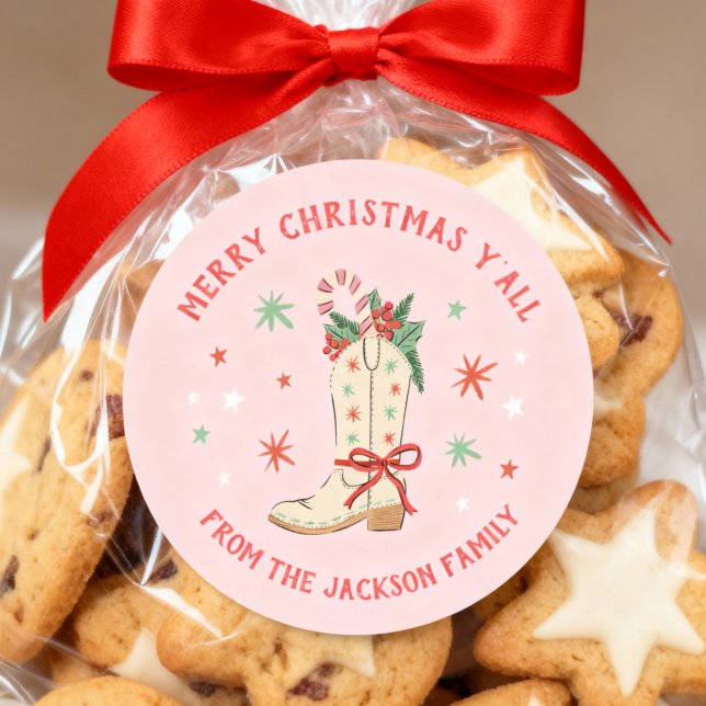 Adesivo Country Merry Christmas Y'all Cowboy Boot Gift (Merry Christmas y'all stickers with festive cowboy foot illustration)