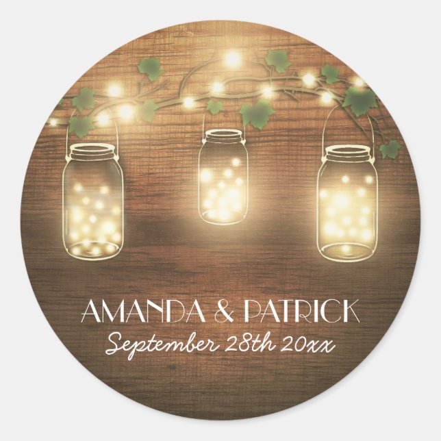 Adesivo Country Rustic Lights Mason Jar Wedding Faves (Frente)
