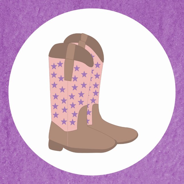 Adesivo Cowboy Boots Brown Pink com Estrelas Roxas (A sticker with a pair of cowboy boots done in pink and brown with purple stars)