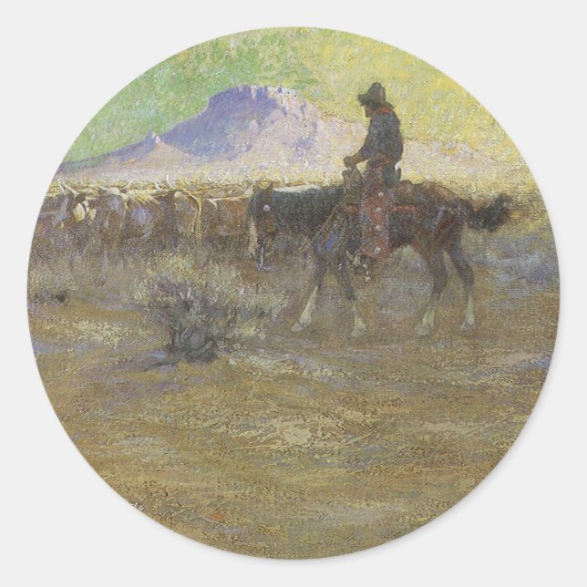 Adesivo Cowboy conduzindo gado no alcance por Lon Megargee (Frente)