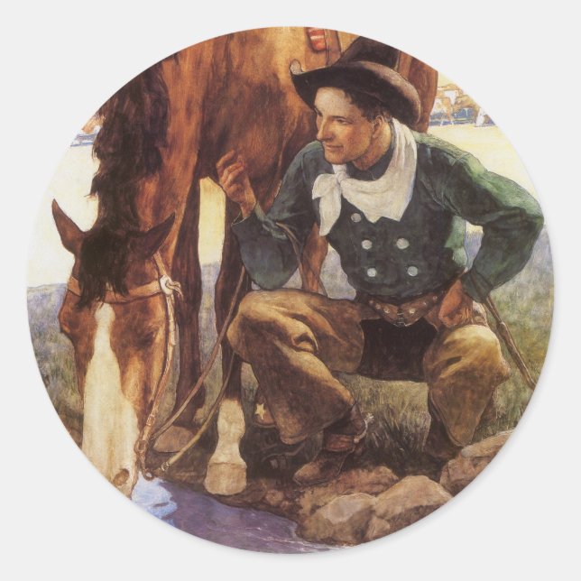 Adesivo Cowboy Cuidando de Seu Cavalo pelo NC Wyeth, Vinta (Frente)