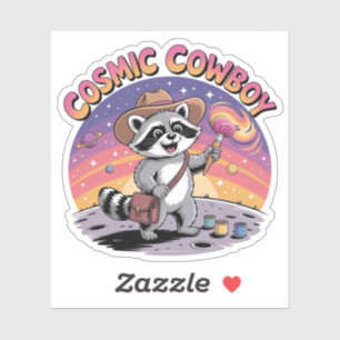 Adesivo Cowboy Raccoon Cósmico pintando uma lua sunset