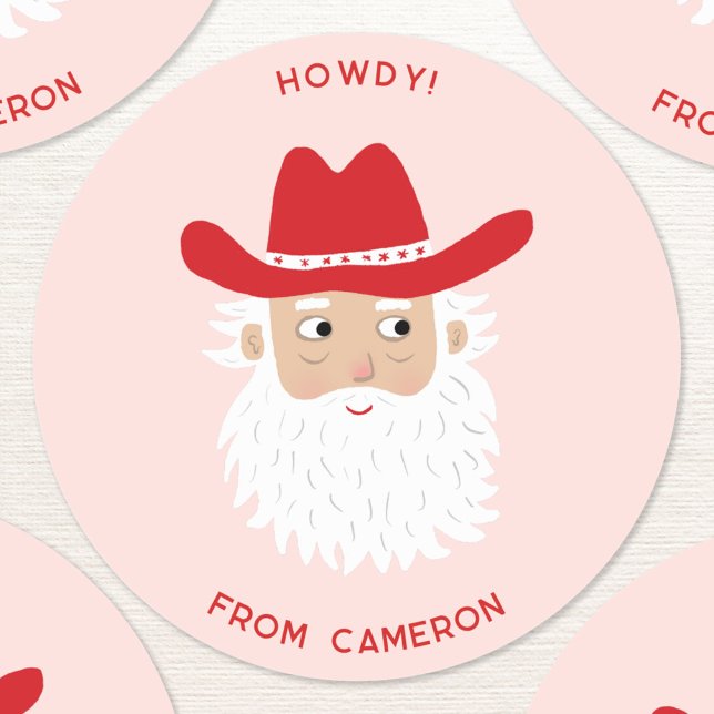 Adesivo Cowboy Santa Claus Christmas Custom Text Pink (Fun Cowboy Santa Claus Western Christmas Holiday custom text sticker)