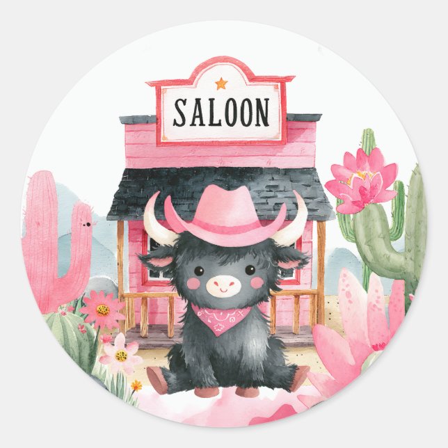 Adesivo Cowgirl rosa-branca Highland Cow Watercolor Ociden (Frente)