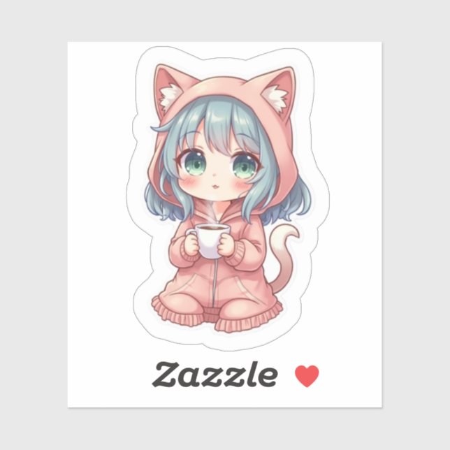 Adesivo Cozy Kawaii Anime Girl with Cat Hoodie – Hot Drink (Folha)