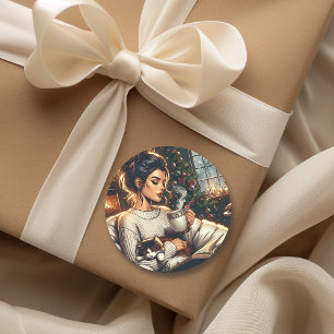 Adesivo Cozy Scene Cacau Bebendo feminino com Gato