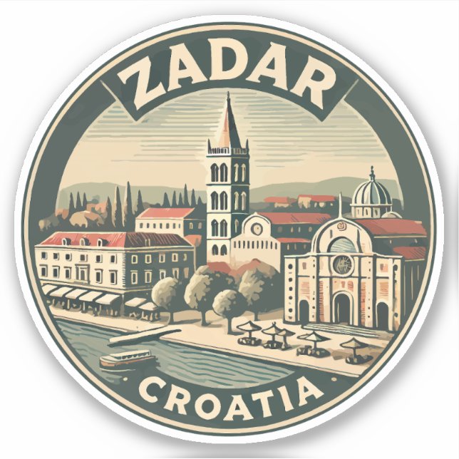 Adesivo Crachá de Arte Viagem da Ilustração Zadar Croácia (Frente)