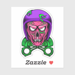 Adesivo Cráneo de Motoqueiro Zumbi Neon com Pistões Cruzad