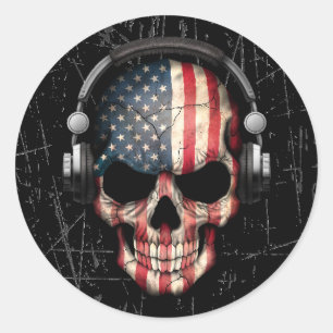 Adesivo Crânio americano riscado do DJ com fones de ouvid
