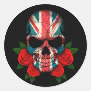 Adesivo Crânio britânico da bandeira com rosas vermelhas