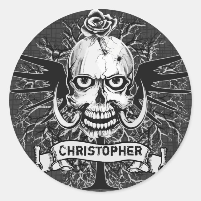 Adesivo Crânio Com Rosa, Cornos, Cruz, Asas Personalizar (Frente)