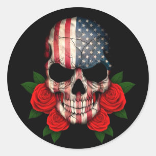 Adesivo Crânio da bandeira americana com rosas vermelhas