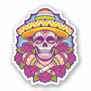 Adesivo Crânio de Açúcar com Sombrero   Dia De Los Muertos