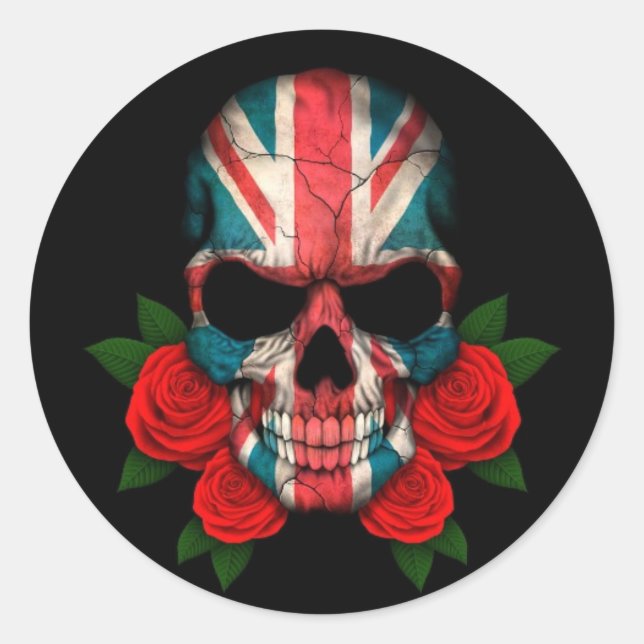 Adesivo Crânio de Bandeira Britânico com Rosas vermelhas (Frente)