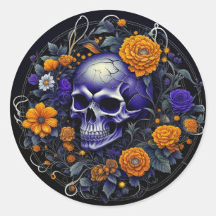 Adesivo Crânio e Flores Laranja Arte AI